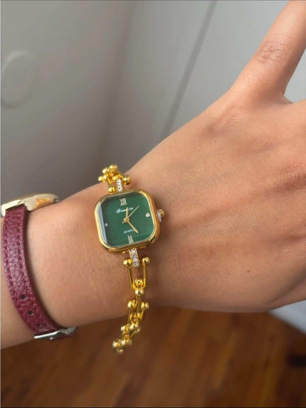 Gold-Tone Green Dial Bracelet Watch - Brand Unknown